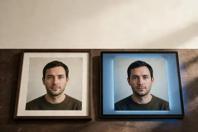 Two nearly identical portraits lie side by side: one a grainy paper photograph, the other a flat glowing screen showing the same face. The image illustrates Tavus' video avatar Griffin and the "video Turing test," in which nearly half of participants believed they were talking to a human.