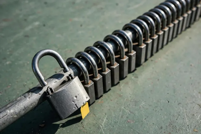 Illustration: a row of locked padlocks on a rail with one sprung open – a visual of safety barriers failing under test.