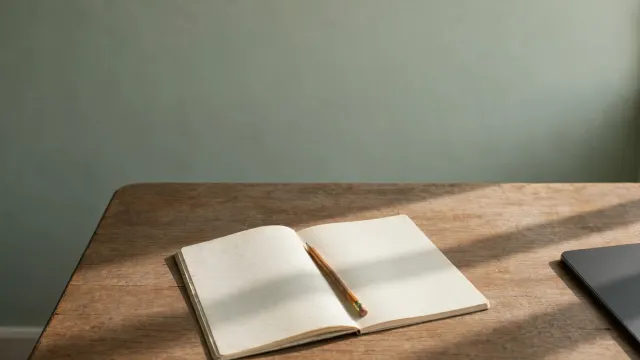 Illustrasjon: en treskolebenk med åpent skolehefte og blyant, mens en nettbrett ligger lukket og halvt utenfor bildet — generativ KI holdes utenfor barneskolen.