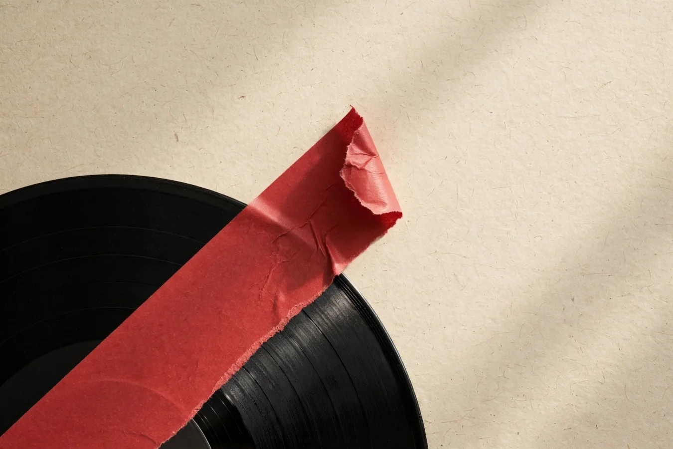 A vinyl record partially covered by a torn red label strip curling at the edge, seen from above.
