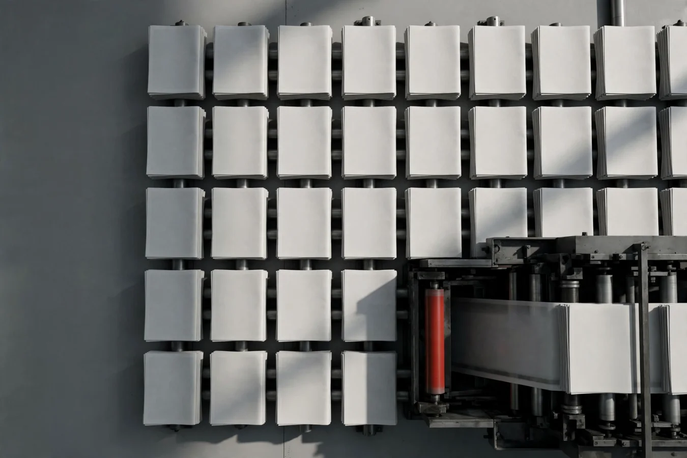 Illustration: identical newspapers with blank pages on printing-press rollers, made without readers, one stack feeding straight into a machine intake.