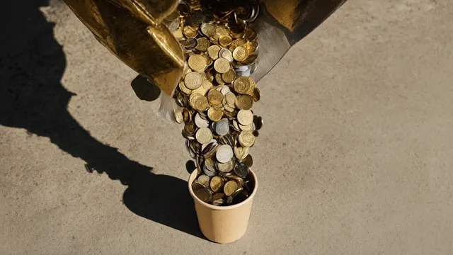Illustration: A massive cascade of metal bars and coins pours into a tiny paper cup on a concrete floor, evoking an enormous flow of capital into a small vessel.