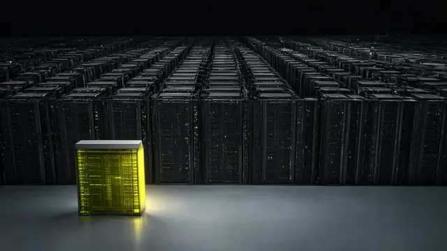 Illustration: A vast warehouse filled with dark server racks in long rows, with one brightly lit rack set apart in front – an image of large-scale leased AI computing capacity.