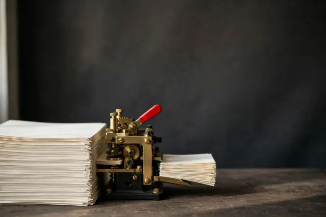 Illustration: a dense stack of paper mortgage files is pressed through a compact brass machine on a desk, with tidy stacks emerging on the other side.