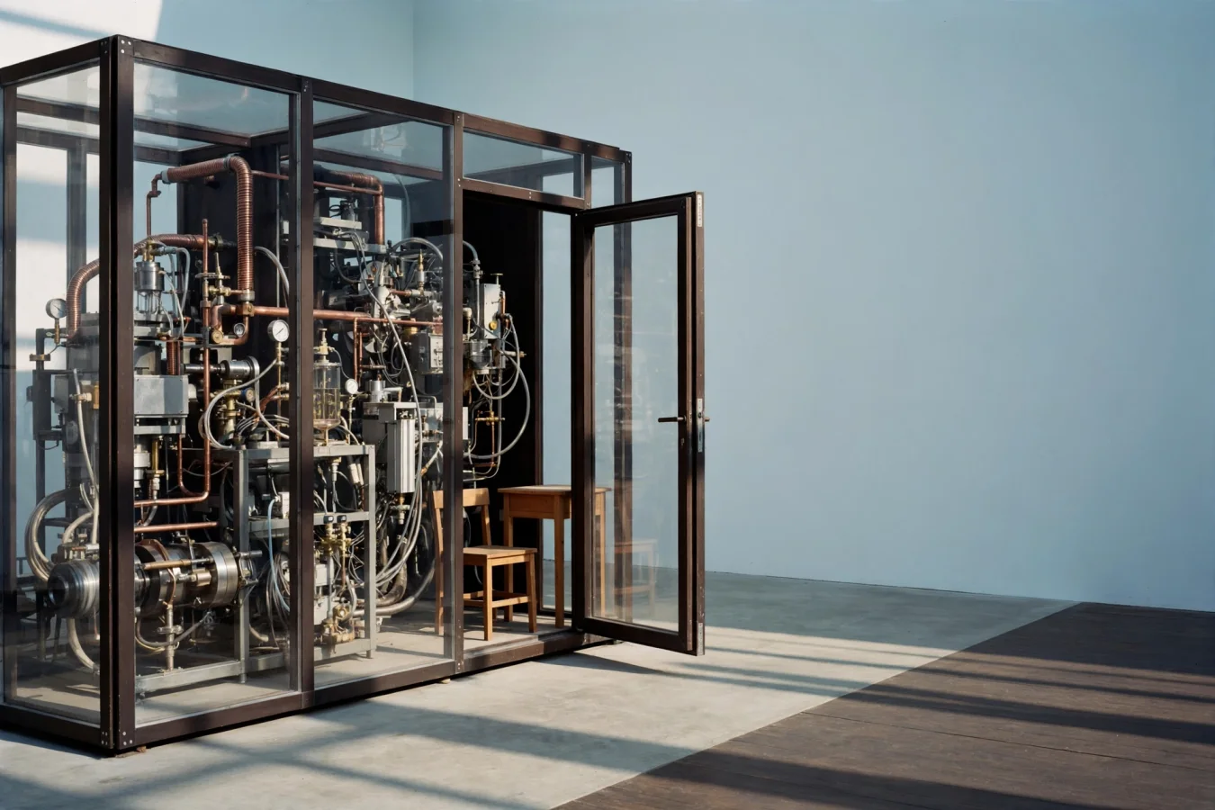 Illustration: a sealed translucent machine with a simple desk and chair placed inside, door left ajar — a metaphor for independent safety experts embedded within AI companies.