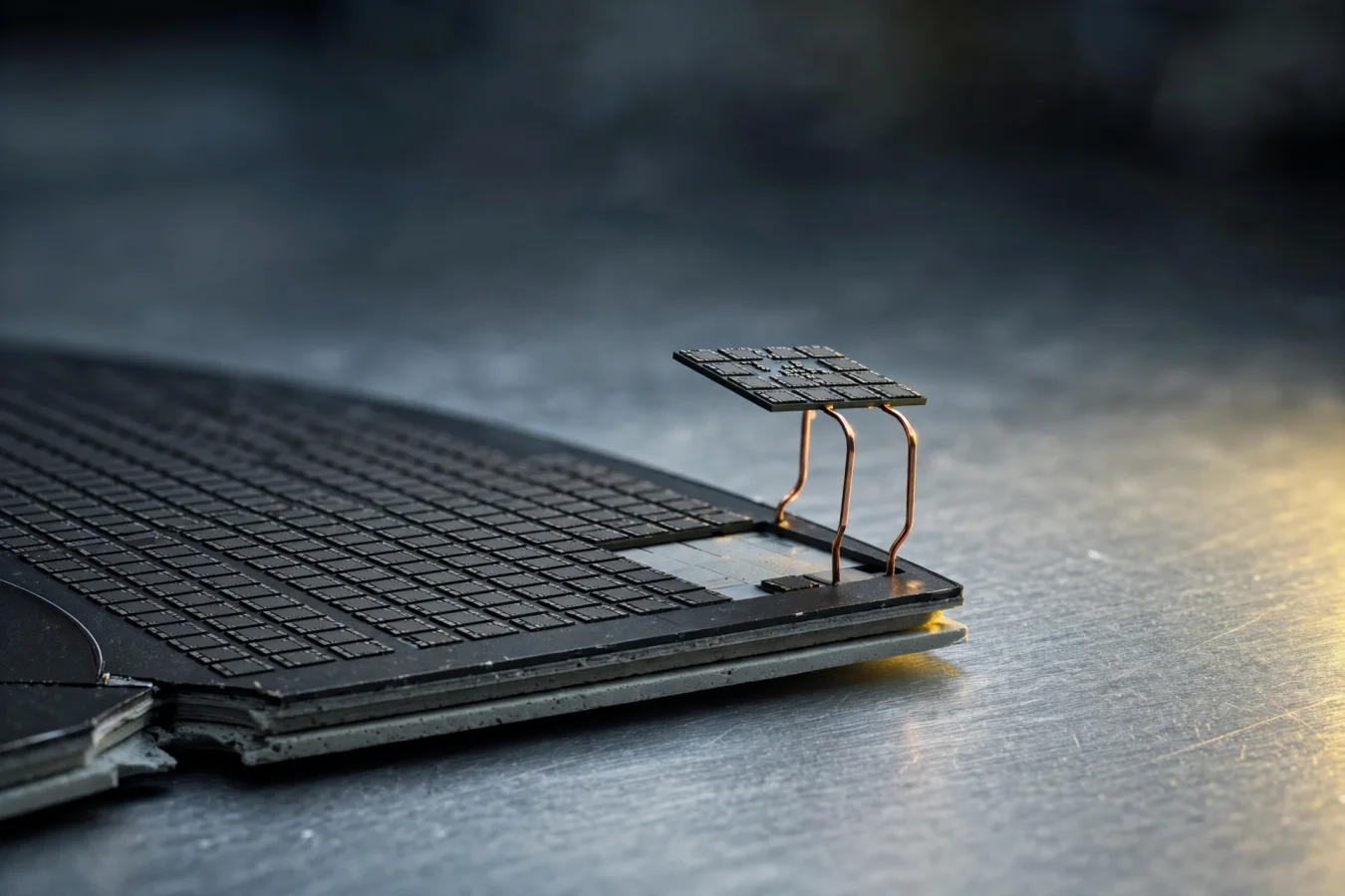 Macro illustration of a silicon wafer with identical chip dies, one die lifted out by copper heat pipes – a visual metaphor for Microsoft's Maia 300 accelerator, its density and thermal demands.