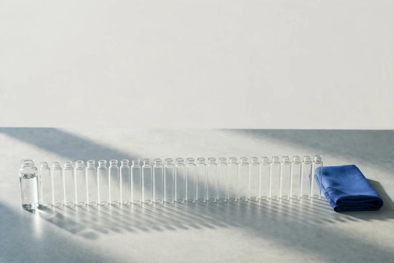 Illustration: thirty identical empty glass sample vials lined up on a laboratory bench, only the first one filled with liquid, under cool light and a restrained palette.