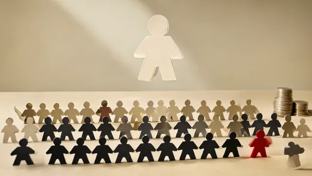 Illustrasjon: Titalls små identiske papirfigurer i rekker på et bord, mens én figur løftes frem i en lysstråle ved siden av myntstakler – et bilde på kapital som strømmer til autonome KI-agenter.