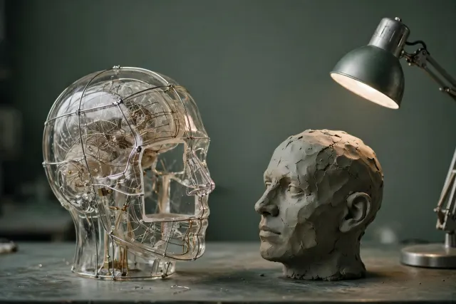 Still life of an anatomical wire model of a head with one part removed, beside a rough clay copy examined instead — an illustration of ablation measuring the modified model rather than the original.