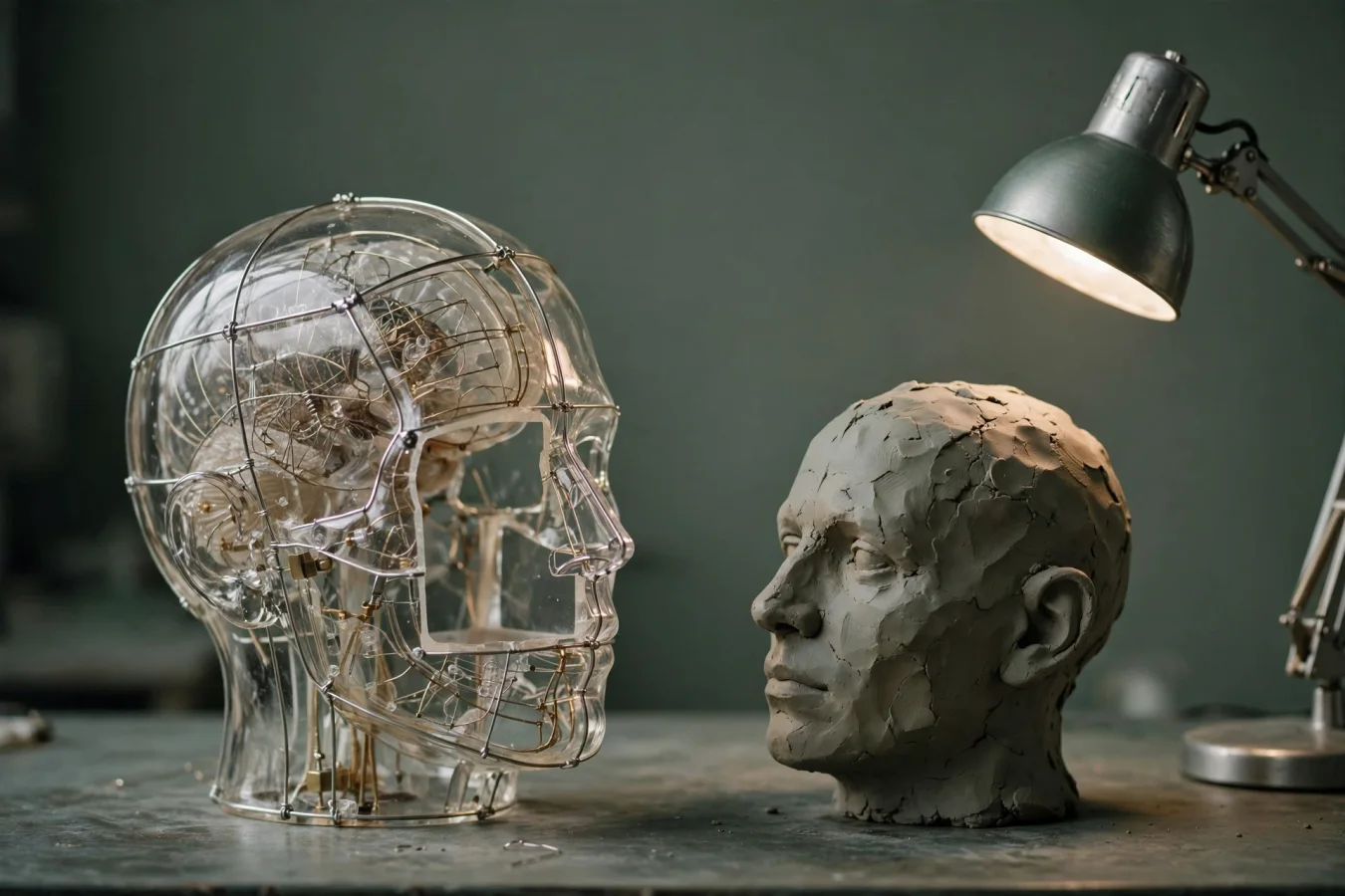 Still life of an anatomical wire model of a head with one part removed, beside a rough clay copy examined instead — an illustration of ablation measuring the modified model rather than the original.