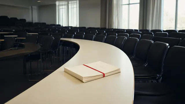 Illustrasjon: en enslig papirmappe med rødt bånd ligger på én stol ved et enormt, tomt krummet bord omgitt av tomme stoler i dempet dagslys.