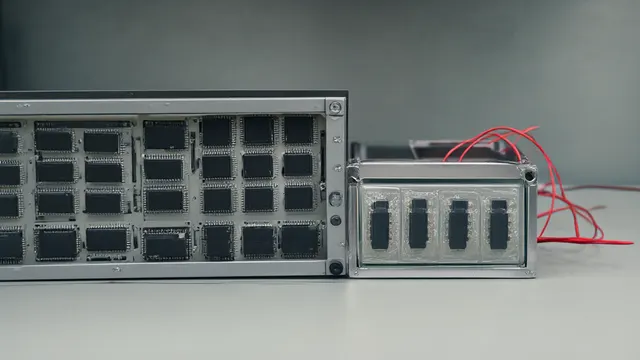 Illustration: black chips installed in a server rack, with some placed in a separate glass case cabled back to the rack — a visual metaphor for selling chips and leasing them back.