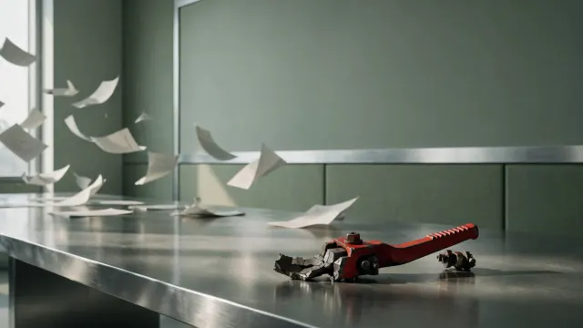 Illustrasjon: En avbrukket rød bremsehendel ligger på et blankt forhandlingsbord mens papirer flyter forbi, et bilde på et bremseopprop som blir avvist.