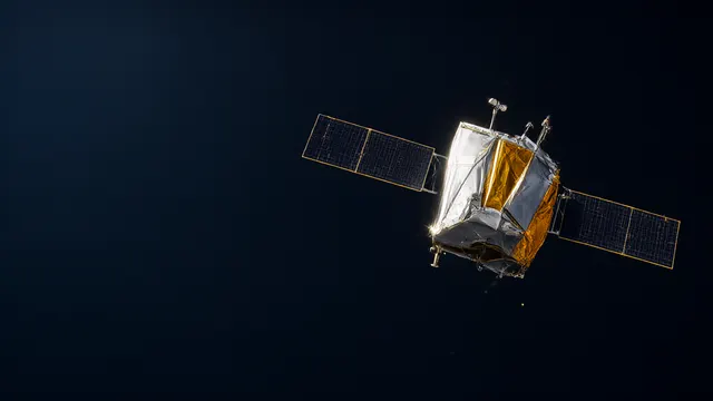 Illustrasjon: En liten prototypesatellitt i bane over Jorden, med solceller i sterkt sollys mot svart verdensrom – en visuell referanse til Googles Project Suncatcher.