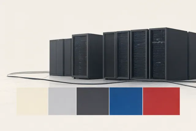 Illustrasjon: Små serverrack står under en rad med sju blanke fargefelt som minner om energimerker.