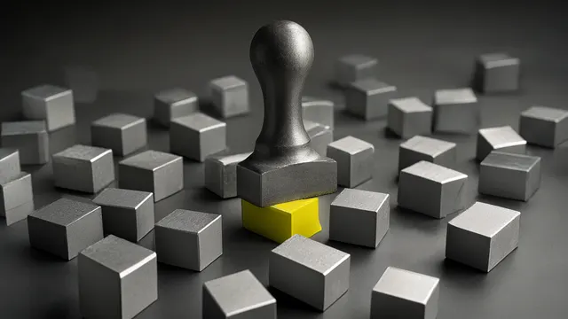 Illustration: dozens of identical aluminum blocks on a dark table, a single sculpted stamp pressing down on one selected block marked with an acid-yellow accent — a metaphor for a judge selecting candidates instead of testing each one.
