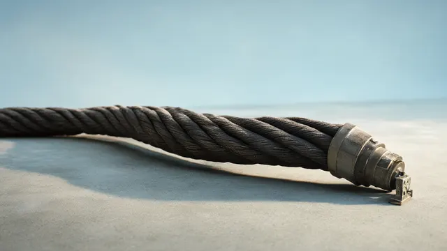 An enormous thick cable coiling across a concrete floor and plugging into one small distribution box, illustrating a giant supplier committing itself to a much smaller platform.