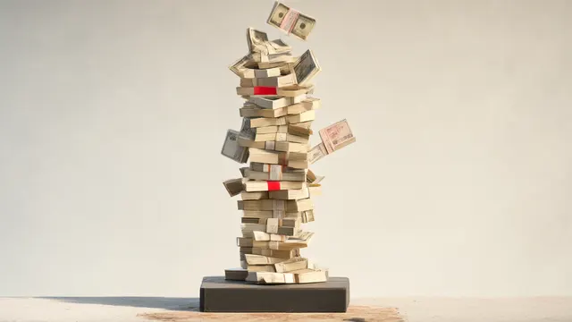 Illustration: A tall, precarious tower of bundled banknotes beginning to collapse, with a few bundles caught mid-fall against an empty background.