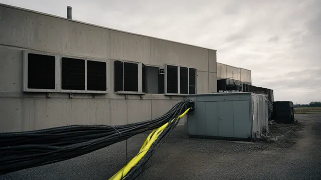 Illustrasjon: et betongdatasenter i skumring med tykke strømkabler som spenner fra et graa transformersted i forgrunnen, i dempet gråtone med en syre-gul detalj.