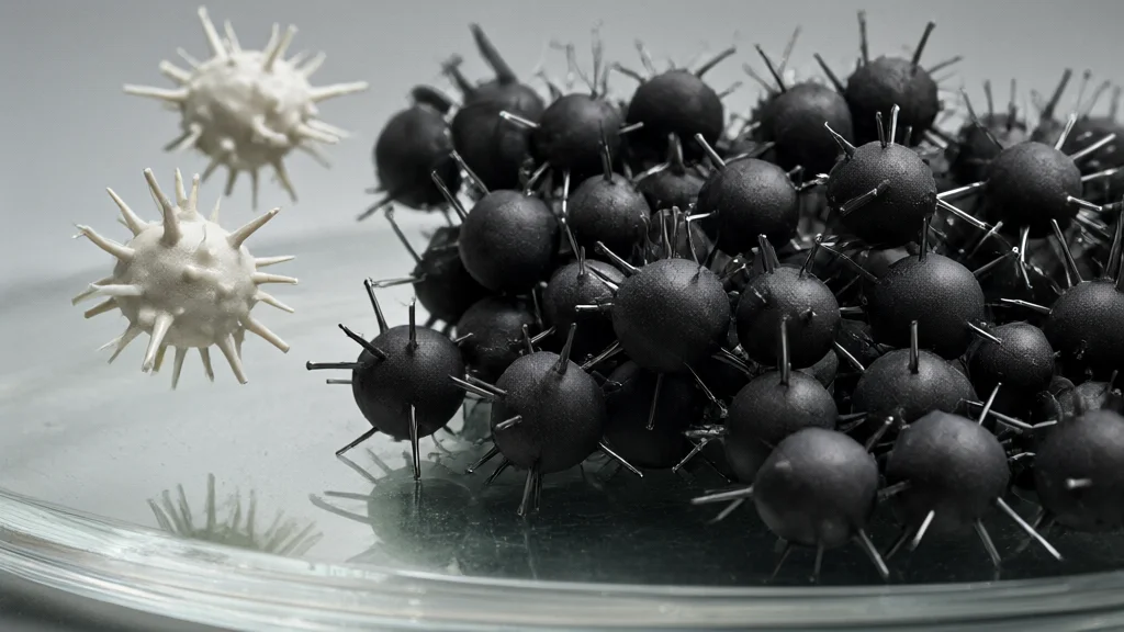 Illustration: matte black sculptural spheres clustered on a glass surface represent resistant E. coli bacteria, while two pale spiked virus-like forms approach in contrast, rendered as a macro still life.