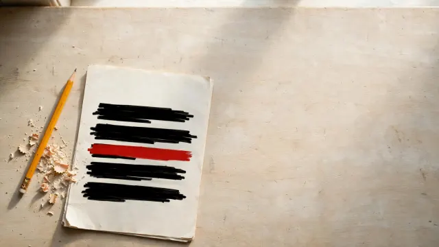 Illustrasjon: Et dokument med kraftige sorte sensurbårer ligger på en skolepult ved siden av en blyant, som symbol på uretterifiserte AI-regler for skolen.