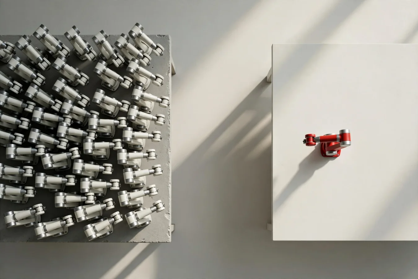 Illustration: a dense cluster of identical white mechanical arms doing the same work over a bench, while a single red arm works alone on an empty table.