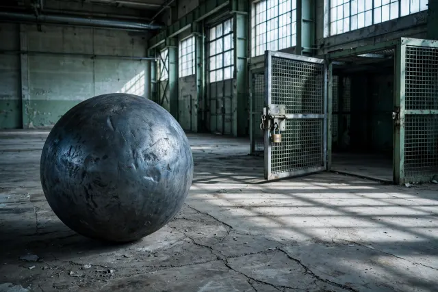 A large heavy metal sphere rests on a concrete floor in an empty industrial hall beside an open unlocked cage door – an illustration of a heavy AI model whose weights are soon to be released openly.