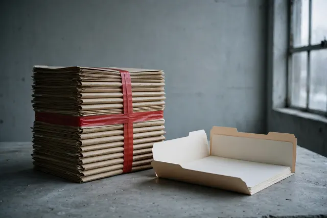 Illustration: a tall stack of sealed file folders bound with red tape on a bare table, one open folder showing blank pages – evoking regulators demanding documentation.