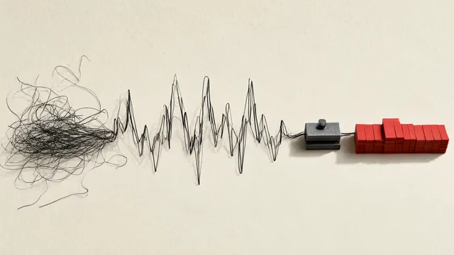 Illustration: a sound wave made of black wire passes through a small metal press and emerges as neat red blocks, symbolizing voice conversations converted into training data.