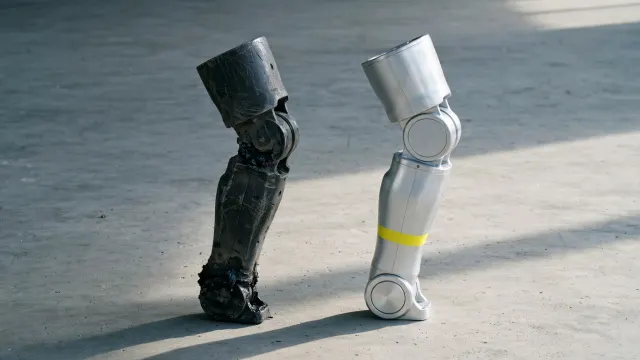 Illustrasjon: et slitt robotbein i kompositt står ved siden av et uprøvd aluminiumsprototype-bein på et betonggulv – metoden for felttesting før neste generasjon.