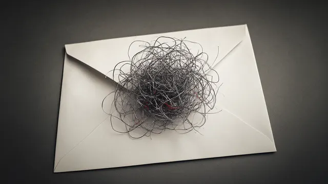 An opened envelope with tangled steel wire spilling out and a single red thread escaping — an illustration of hidden malicious code in an email.