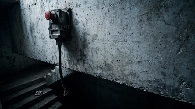Illustrasjon: en stor industriell nødavbryter på en betongvegg med gjennomkappet kabel som henger ned mot en mørk kjellertrapp, der en liten papirpakke allerede ligger utenfor rekkevidde.