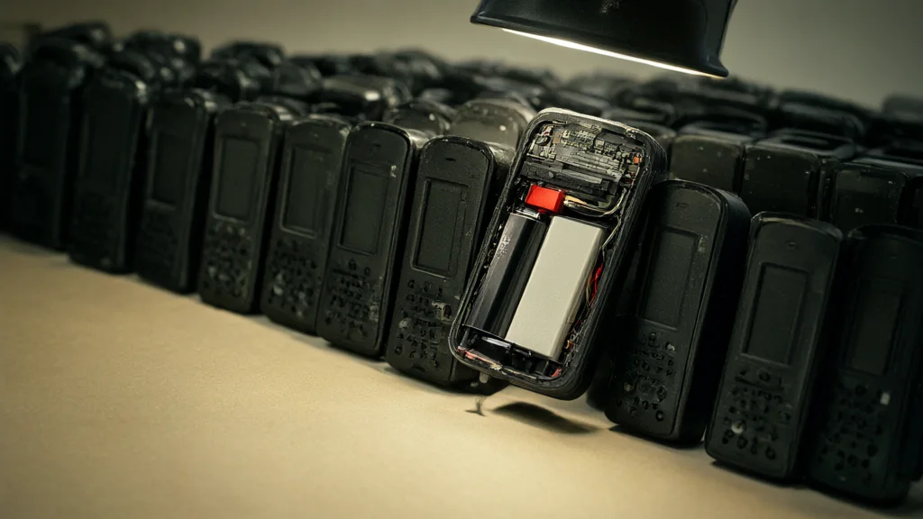 Illustration: a row of black miniature devices with one opened and exposed under an inspection lamp, symbolizing security auditing of Android apps.