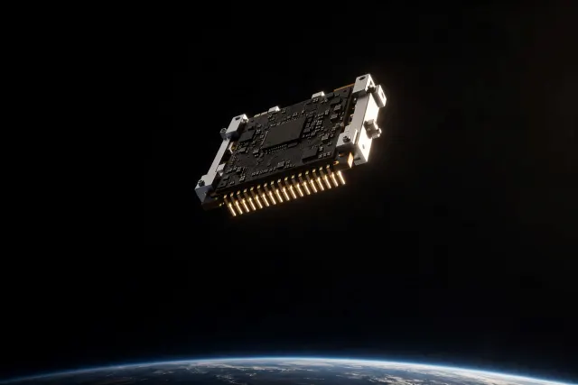 Illustration: a single computer chip mounted as a small satellite, alone in black space, with the faint curve of Earth below.
