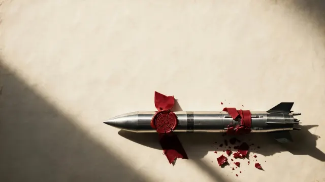 Illustrasjon: en metallmodell av en rakett ligger innpakket i tykke røde bånd med lakksigill på varmt papir, ett bånd er sprukket. Bildet symboliserer kinesisk AI som akselererer, men holdes i stram grep av partiet.