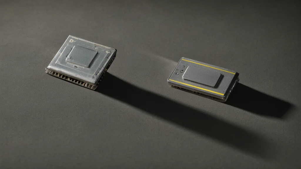 Two identical chips on a dark surface, one casting a much longer shadow than the other — an illustration of unverified comparisons in the semiconductor race.