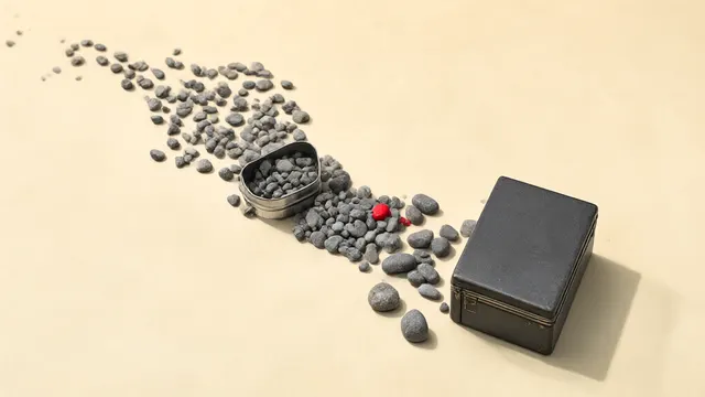 Illustration: a stream of small gray stones splits at a junction, most rolling into a small tin box while a few large stones are diverted into a sturdy steel case — a metaphor for routing easy and complex AI tasks.