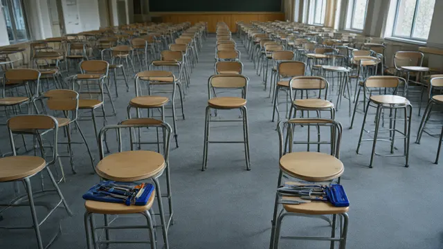 Illustration: Rows of empty stools in a vast hall, a few prepped with tools — an image of a mass training program meant to fill thousands of engineering roles.