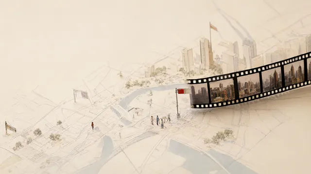 Illustrasjon: En AI-filmproduksjon speiles i en filmstripe over et kinesisk bylandskap.