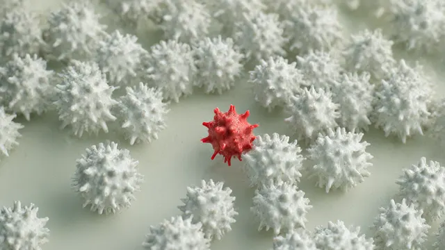 Illustration: a cluster of white spiky ceramic virus models with one in the foreground bearing irregular red spikes, visualizing AI-proposed mutations in bacteriophages.