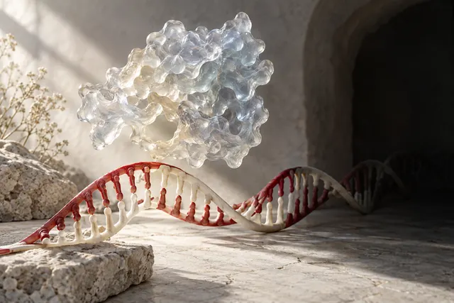 En gjennomsiktig enzymform over en rød og elfenbenshvit DNA-spiral som forsvinner i skygge.