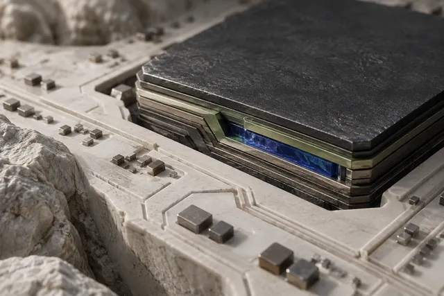 A processor’s exposed layers reveal a muted-green guard protecting a cobalt core.