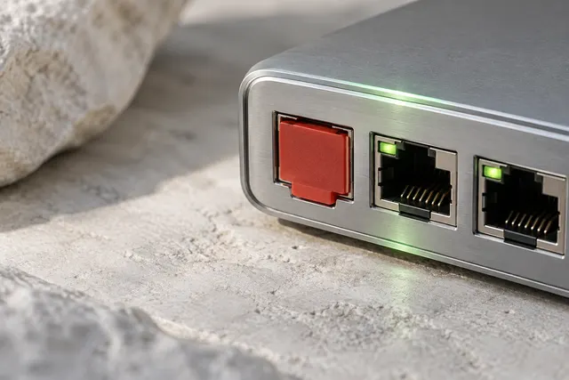 Network ports on an adapter, one sealed by a red safety shutter while the others remain open.